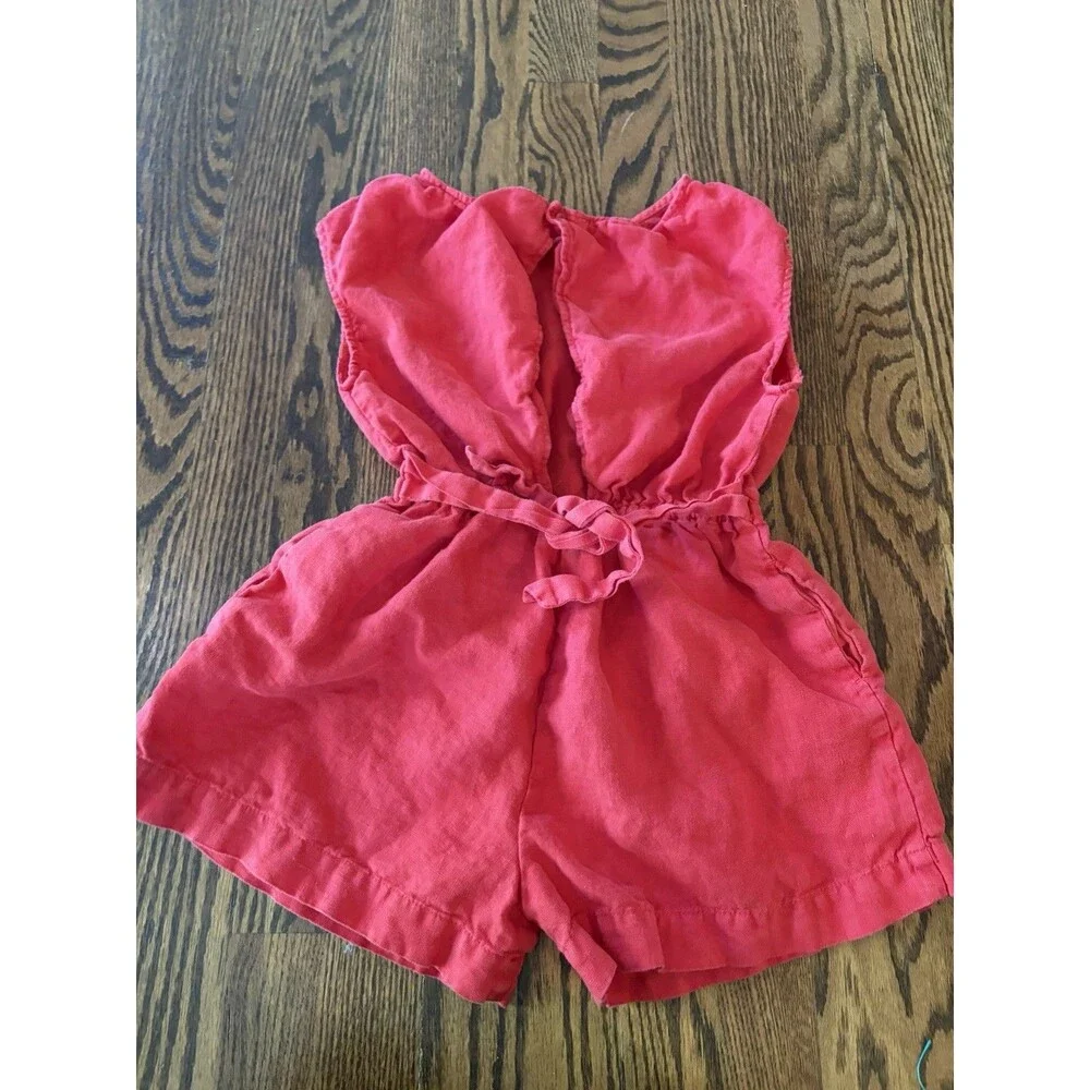 Zara Kids Girls 100% Linen Red Romper Size 8 Pockets‎ Summer Beach Adjustable